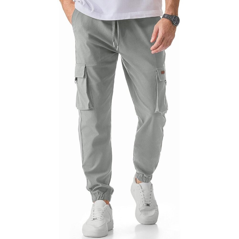 Mens Cargo Pants Casual Lightweight Elastic Waist Drawstring Tapered Pant with P